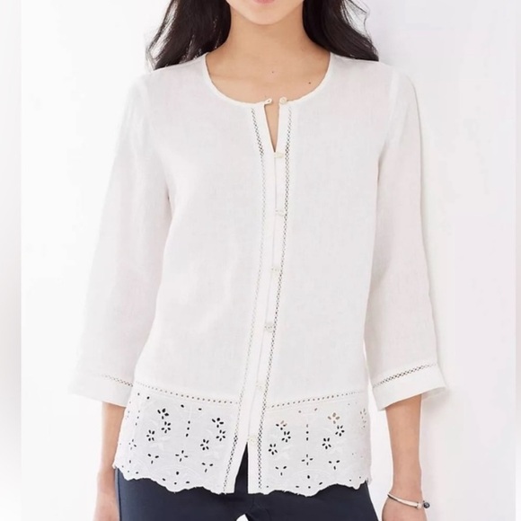 J.Jill Eyelet-border Linen Shirt in white | size medium - Picture 8 of 8
